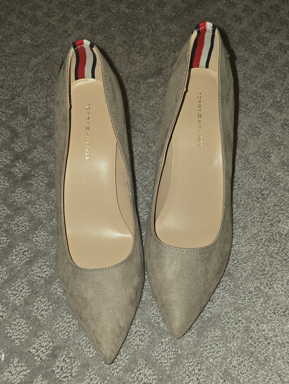 Tommy Hilfiger Taupe Suede Pointed Pumps with Signature Stripe